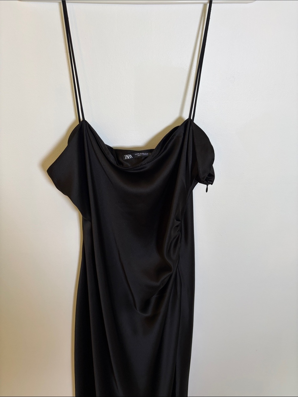 Zara Black Satin Cowl Neck Slip Dress with Spaghetti Straps